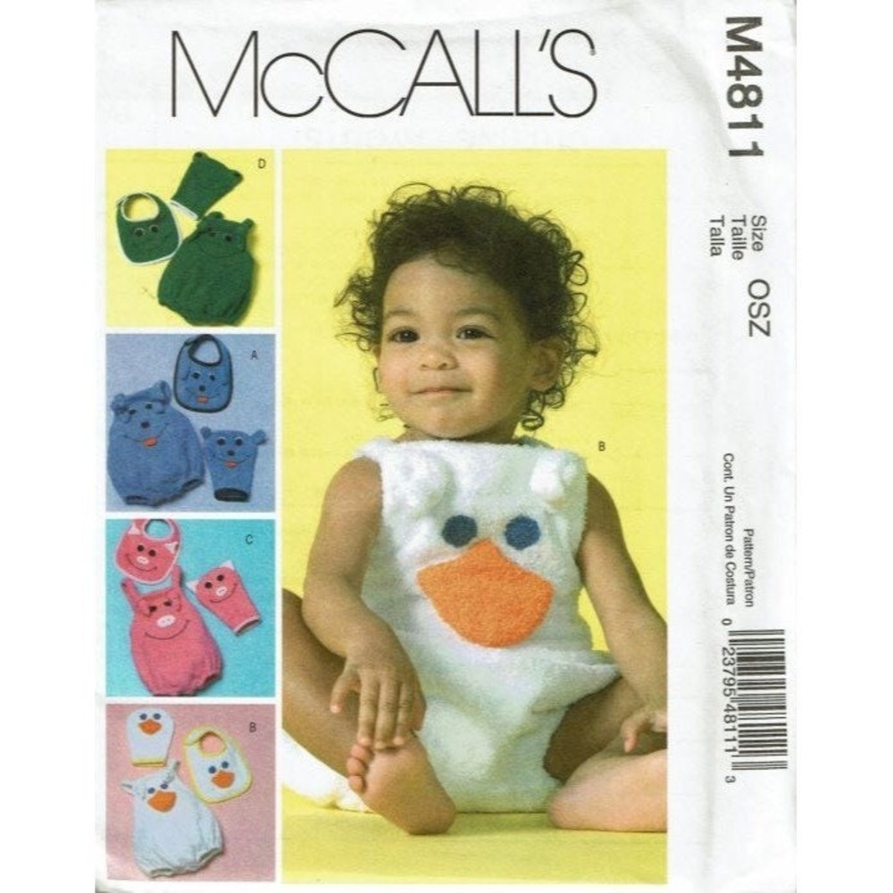 McCalls Sewing Pattern 4811 Babies Toddler OSZ Infants Rompers Bibs Mitts Animal